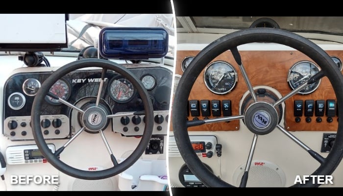 Before and after dash panel replacement on a Key West 2020 WA — custom switch panel built by New Wire Marine