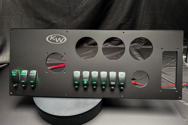 Key West LuxMatte dash panel with green rocker switches — premium aftermarket switch panel by New Wire Marine