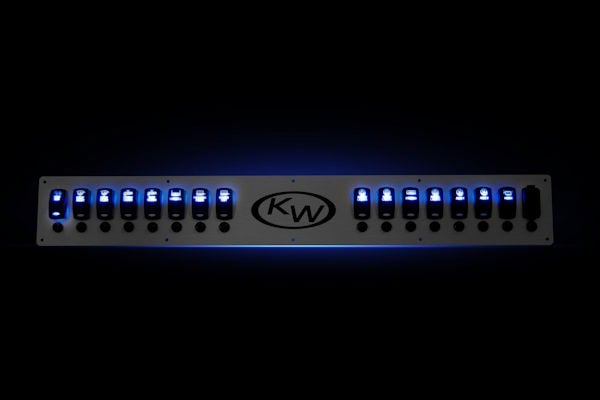 Key West replacement switch panel with blue backlit rocker switches and laser-etched Key West logo