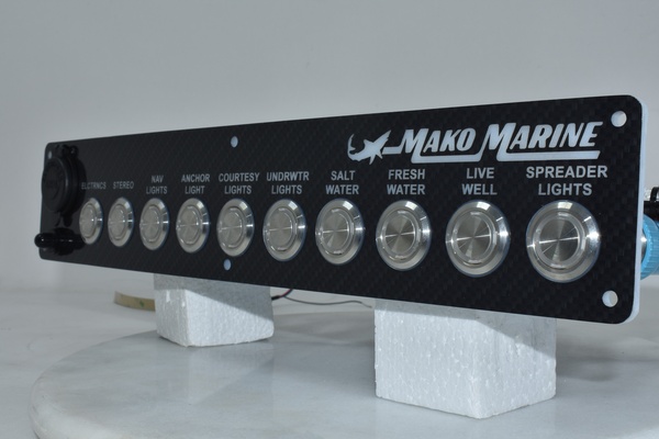 Compact Mako switch panel with stainless pushbutton switches from New Wire Marine