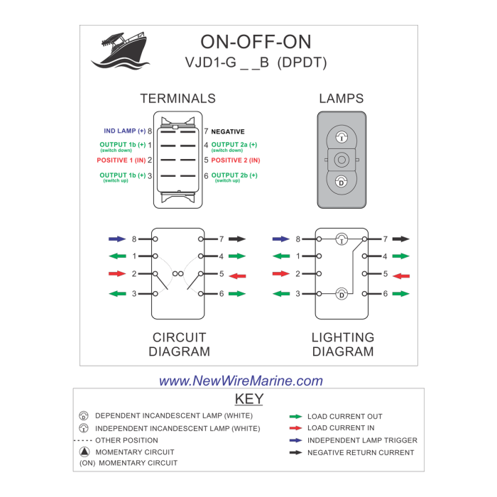VJD1-G66B ON-OFF-ON DPDT terminal and lamp circuit diagram