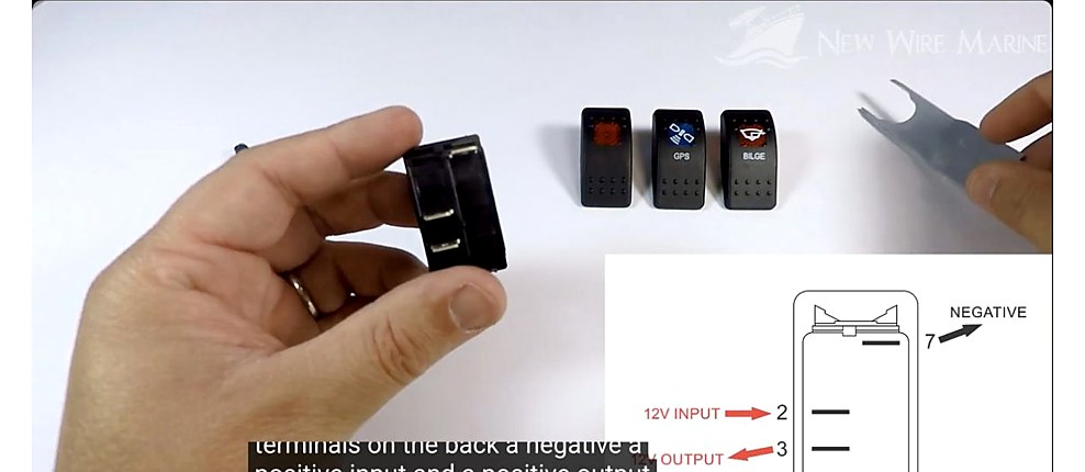 Rear of a V1D1-B60B rocker switch with terminals 2, 3, and 7 identified